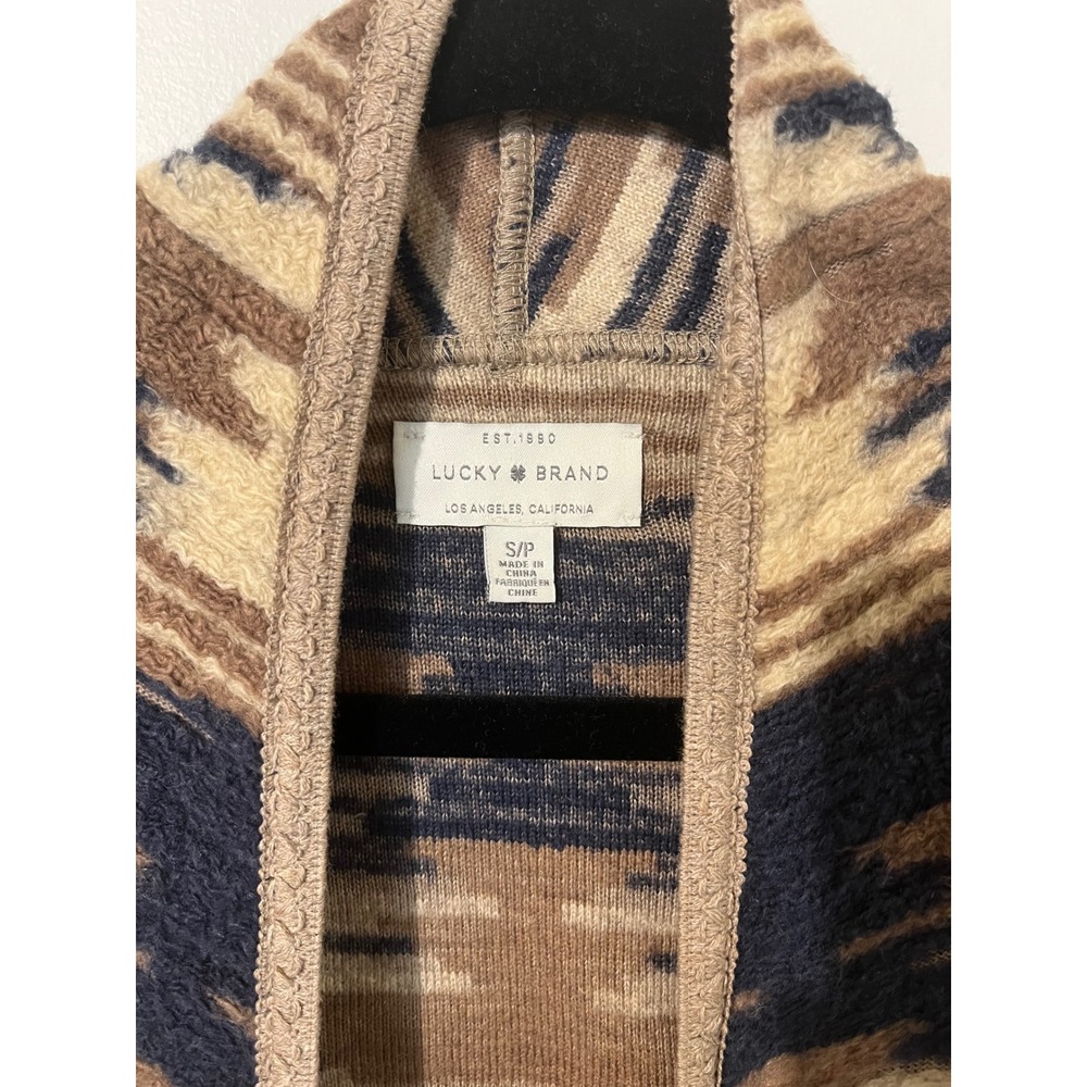 Lucky Brand Womens Southwestern Fringe Open Front Cardigan Brown Tan Navy Small - Picture 2 of 3